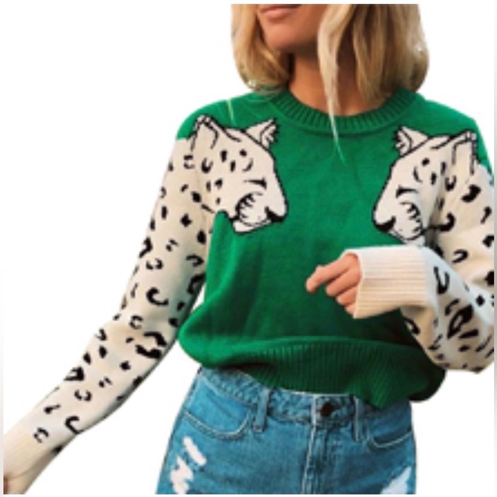 SHEIN Leopard Sleeve Green Sweater - L - Picture 1 of 5